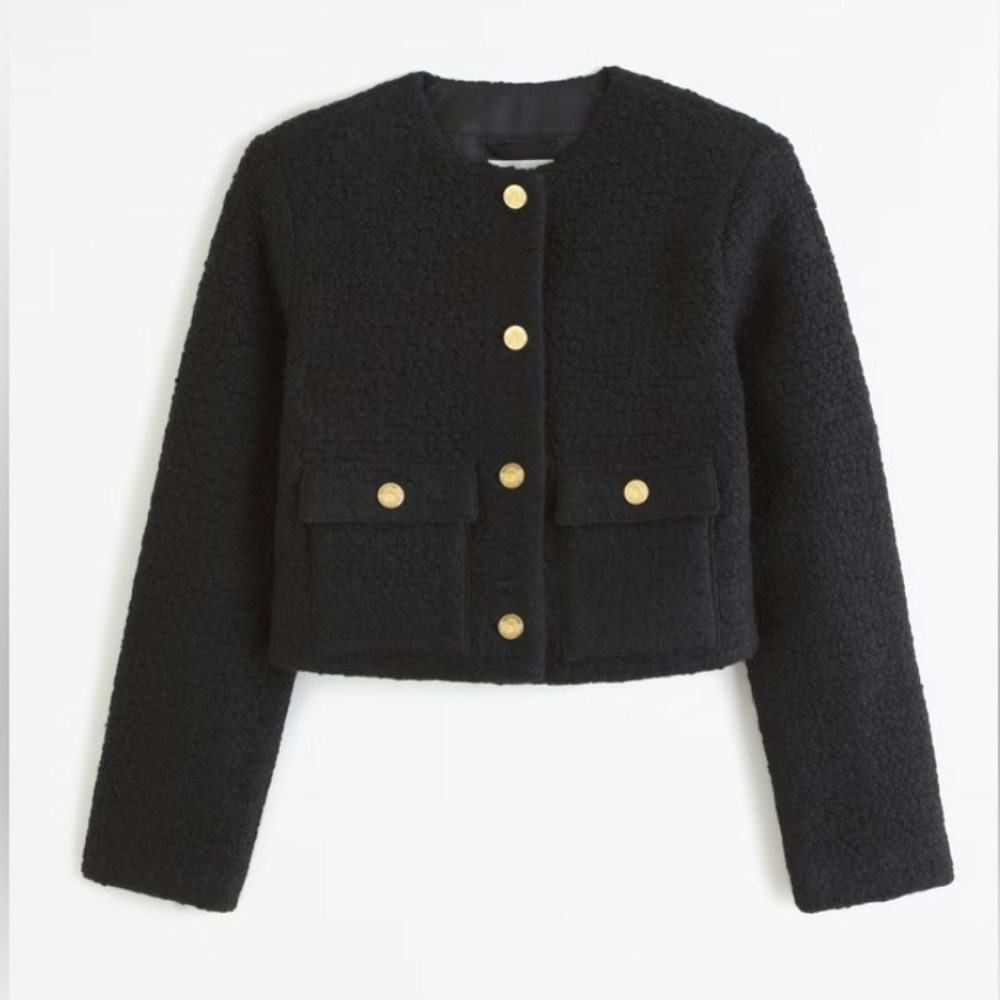 Abercrombie & Fitch Collarless Boucle Wool Blend Short Jacket Black NWOT Size XL - Picture 4 of 4